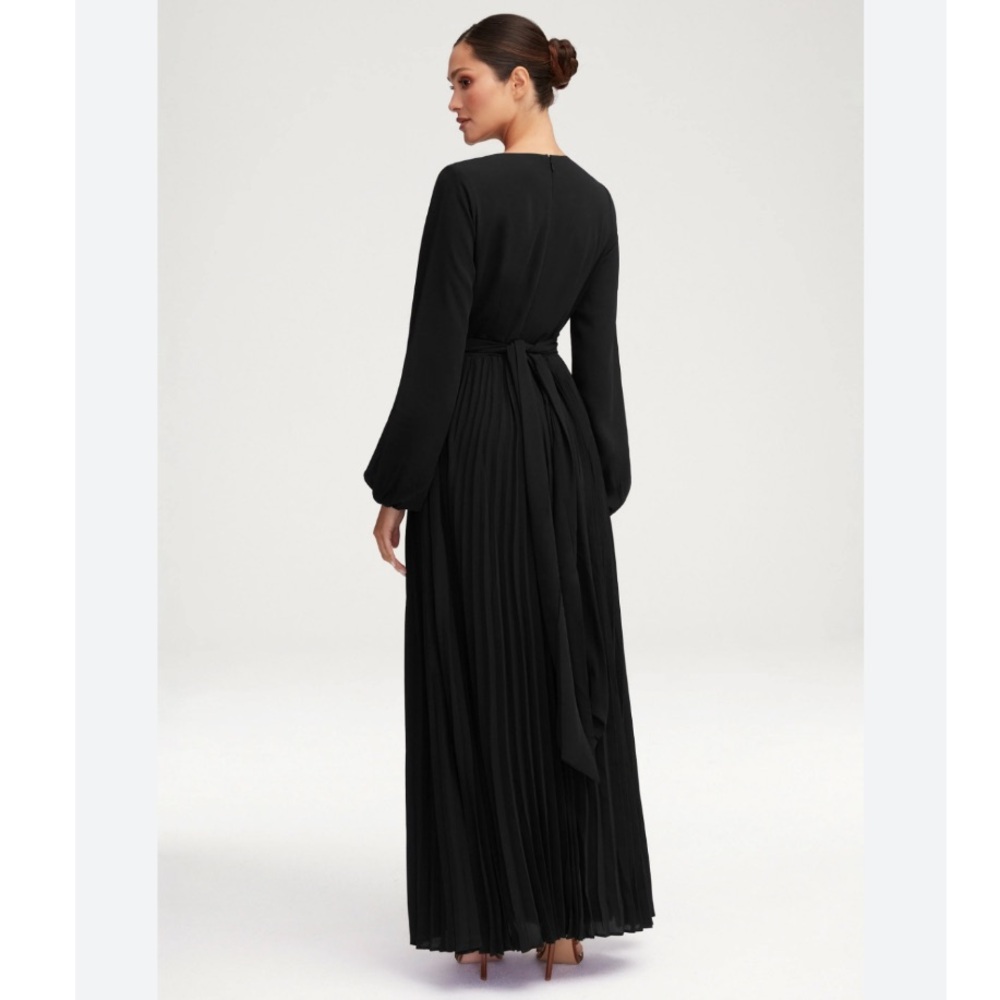Badgley Mischka Collection Long Sleeve Pleated Wrap Gown Maxi Dress Midnight 4